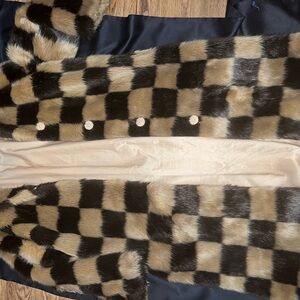 Stand Studio Checkered Faux Fur Coat - Black and Tan